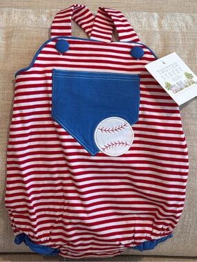 Trotter Street Kids Red & White Stripe Baseball Bubble Romper with Blue Pocket